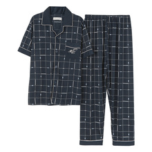 Хлопковые пижамы, мужские костюмы для сна, летние пижамы с коротким рукавом и отложным воротником, Мужская Ночная рубашка в полоску, большие размеры, мужские пижамы 2024 - купить недорого
