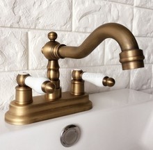 Antique Brass Double Handle Bathroom Wash Basin Mixer Taps / 2 Hole Deck Mounted Swivel Spout Vessel Sink Faucets zan062 2024 - buy cheap