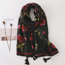 2022 Luxury Women Fashion Black Rose Floral Viscose Shawl Scarf High Quality Print Soft Wrap Foulard Pashmina Hijab Muslim Sjaal 2024 - buy cheap