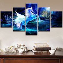 Póster Modular impreso en lienzo para decoración de habitación, cuadro de pintura, 5 paneles, Animal, caballo, unicornio de fantasía, Pegasus, cuadro de arte de pared 2024 - compra barato