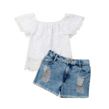 Citgeett Summer Kids Baby Girl Floral Clothes Lace White Tops+Denim Pants Outfit Sunsuit Shorts Summer Set 2024 - buy cheap