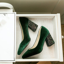 PXELENA/классические женские туфли-лодочки из велюра и вельвета, блестящая женская обувь на высоком квадратном каблуке, зеленого цвета, большие размеры 34-43 2024 - купить недорого