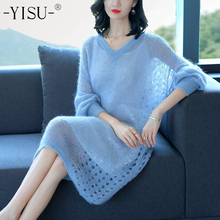 YISU Women Mohair Fashion Sweater New Autumn Winter Knitted top Women Hollow Knitted Pullovers long wool Sweater 2024 - buy cheap