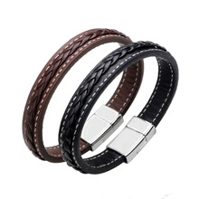 Kirykle-pulsera de cuero trenzado para hombre y mujer, brazalete con imán de acero inoxidable, marrón y negro 2024 - compra barato