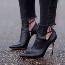 Sapato feminino de salto alto, sexy, preto, couro, fivela bicuda de tornozelo, estilo gladiador, para mulheres 2024 - compre barato
