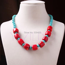 Wholesale>>>Tibetan Style Natural Coral Turquoise Ball Hand-tied Women Statement Necklace 2024 - buy cheap
