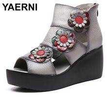 Yaerni sandálias femininas de couro legítimo, sapatos de salto alto 7cm, estilo retrô plataforma para mulheres, ecapa 2021 2024 - compre barato