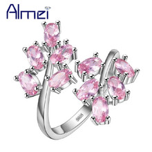 Almei 15% Off Silver Color Wedding Rings for Women Girls Cubic Zirconia Pink Flower Adjustable Ring Female Fashion Jewelry J681 2024 - buy cheap