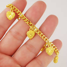 Pulseira feminina de ouro 24k, bracelete de corações de cor dourada 24k com 18cm 2024 - compre barato