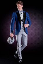 3 PCS Azul Padrinhos de Casamento Smoking Ternos Slim Fit Para Os Homens Terno Formal Ternos (Paletó + Calça + Colete + Gravata borboleta) terno traje homme 2024 - compre barato