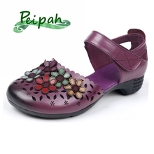 Peipah mulheres de couro genuíno artesanal retro bombas senhoras sapatos salto alto sandálias casuais verão feminino mary janes sapatos 2024 - compre barato