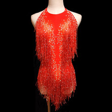 Sexy Backless Red Tassels Rhinestones Bodysuit Female Costume Nightclub DJ Singer Jazz Stage Wear Dance Teams Performance Outfit 2024 - buy cheap