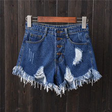Pantalones cortos vaqueros con botones para mujer, Shorts femeninos de cintura alta, con agujeros, color azul y negro, moda urbana americana BF 2024 - compra barato
