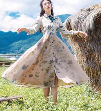 High Quality 2019 Spring New Arrival Elegant Peter Pan Collar Flower Printed Woman Ou Gensha  Long Dress 2024 - buy cheap