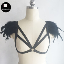 women Fetish vampire fantasy couture sexy feathered epaulettes elastic harness feather brassiere rave bra  festival body harness 2024 - buy cheap