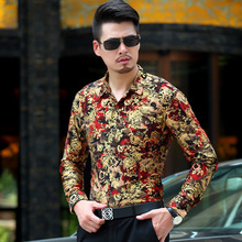 Camisa con estampado Floral para hombre, camisa de vestir con diseño de lujo, de seda de leche, manga larga, color bronce dorado, XXXL 2024 - compra barato