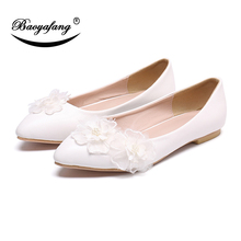 BaoYaFang 2019 New Arrive Low Heel white Flower Wedding shoes Woman Pointed Toe Party dress shoes Shallow fashion shoes 2024 - buy cheap