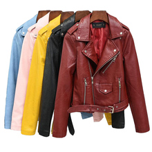 2020 spring Autumn Women PU Leather Jackets Lady Slim Fit Motorcycle Zipper Coat wine red blue pink costs lady fashion with belt 2024 - buy cheap
