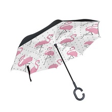 Ветрозащитный двухслойный инвертированный зонтик с фламинго, самостоятельная подставка, защита от дождя, C-образные крючки, руки для автомобиля, Женский Солнечный зонт 2024 - купить недорого