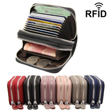 Business Card Holder Wallets Double Zipper Genuine Leather Black/Red/Purple/Blue/Pink Prevent RFID Bank/ID/Credit Card Holders 2024 - купить недорого