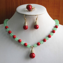 Festa! Conjunto de joias femininas 8mm coral vermelho misturado com jade verde e brinco (7/8/9) 2024 - compre barato