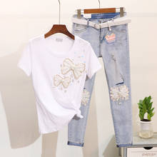2019 spring new beaded sequins butterfly short-sleeved T-shirt + hole small feet jeans two-piece suit female 2024 - buy cheap