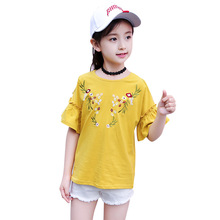 Summer new girl trumpet sleeve short sleeve loose casual student wild half sleeve embroidery flower strips shoulder T-shirt 3-12 2024 - buy cheap