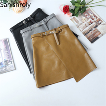 Sanishroly 2018 New Autumn Women Black PU Skirts High Waist Sashes Faux Leather Skirt Ladies Asymmetrical Short Skirt Saia SE159 2024 - buy cheap