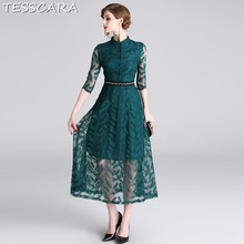 TESSCARA Women Elegant Office Lace Dress Shirt Festa Casual Long Green Robe Femme High Quality Vintage Designer Female Vestidos 2024 - buy cheap