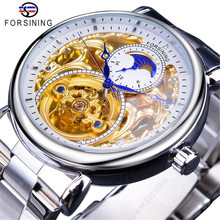Forsining Top Brand Luxury Skeleton Automatic Mechanical Watch For Men Full Gold Steel Man Business Sun Moon Display Wristwatch 2024 - compre barato