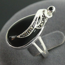 good Bridal Wedding VINTAGE 925 STERLING 11*23mm NATURAL BLACK stone MARCASITE RING SZ 7/8/9/10 natural Luxury Ms. girl  2024 - buy cheap