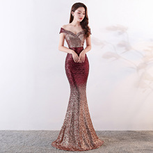 Corzzet Women Fashion Elegant  Red & Gold Gradient Sequins Off SHoluder Long Mermaid Floor Length Evening Party Dress 2024 - buy cheap