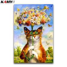Bordado de diamantes 5D de gato de dibujos animados, paraguas de flores con diamante redondo completo, punto de cruz, mariposa 2024 - compra barato