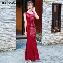 BANVASAC 2018 блестящие Длинные вечерние платья русалки с коротким рукавом и V-образным вырезом 2024 - купить недорого