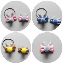 NEW Kids cartoon pompom ball hair bow elastic hair band girls rubber band girl bunny ears hair clip toddlers hair accessories 2024 - compre barato