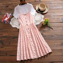 Mori Girl Summer Women Two Pieces Set Dress Elegant Cute Pink Heart Printed Sweet Dress Cotton Linen Japanese Style Kawaii Dress 2024 - buy cheap