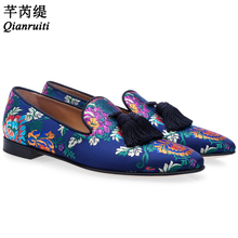 Qianruiti Chaussure Homme 2019 Blue Embroidered Floral Party Shoes Men Loafers Tassel Slippers Slip On Fringe Casual Shoes Man 2024 - buy cheap