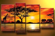 Home Decoration African Elephant Painting Wall Decor Giraffe Sunset Landscape Canvas Painting Multi Panel Handpainted 4pcs Set 2024 - buy cheap