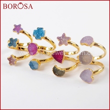 BOROSA 5PCS Gold Color Three Rainbow Multi Shaped Druzy Wire Wrapped Ring Rainbow Drusy Gems Rings for Women Girls Jewelry G1553 2024 - buy cheap