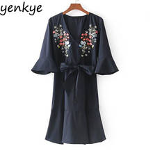 Fashion Floral Embroidery Ruffles  Women Dresses V Neck Half Sleeve With Belt Casual Elegant Ladies Dresses Summer  LYZ8393 2024 - buy cheap