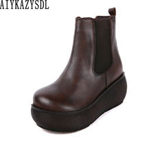 AIYKAZYSDL Women Chealsea Ankle Boots Genuine Real Leather Ankle Boots Platform Wedge Heel Comfort Shoes Thick Bottom Bootie 2024 - buy cheap