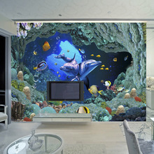 Mural de parede 3d subaquático, mural de desenho animado, golfinho, foto, papel de parede para crianças, customizado, sala de tv, sofá, fundo de parede 2024 - compre barato