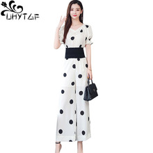 UHYTGF women sports suit Polka-dot chiffon wide-leg pants in summer two piece set top and pants Casual Female sets Plus size 666 2024 - buy cheap