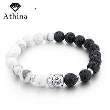 Athina 2017 Prata Moda Buda Pulseiras para Mulheres Elastic Lava Pedra Natural Pulseiras & Bangles Pulseras SBR160030 Femme 2024 - compre barato