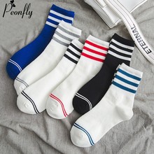 PEONFLY Autumn Winter Woman Socks Fashion Solid Color Three Bars Stripes Mulit-color Ventilation Cotton Motion Female Socks 2024 - buy cheap