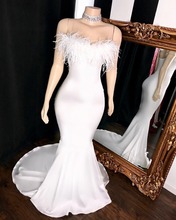 Real Sample White Mermaid Prom Dresses Long 2022 Elegant Feathers V-neck Straps Stretch Satin African Black Girl Prom Dress 2024 - buy cheap