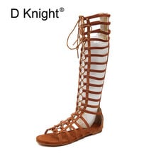 Ladies Knee High Gladiator Summer Shoes Size 35-41 Girls Sandals Sexy Rivet Cut-outs Corss Lace Up High Top Women Flat Sandals 2024 - buy cheap