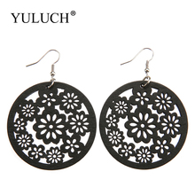YULUCH-pendientes circulares de madera Natural para mujer, Flor Retro, diseño hueco negro, a la moda, para fiesta, regalo 2024 - compra barato