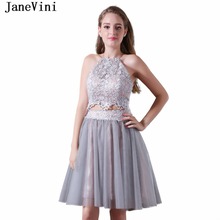 JaneVini 2018 Charming Two Pieces Bridesmaid Dresses for Women Halter Lace Appliques Backless Sexy Mini Tulle Formal Prom Gowns 2024 - buy cheap