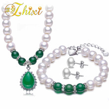 ZHIXI Cultured Freshwater Pearl Jewelry Sets for Women Green Jade White Pearl Necklace Bracelet Earrings Anniversary Gift T222 2024 - buy cheap